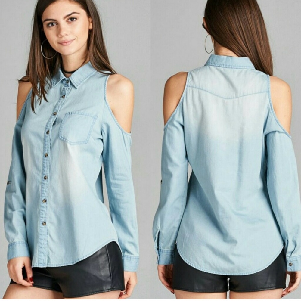 Women's Chambray Cold Shoulder Denim Top
